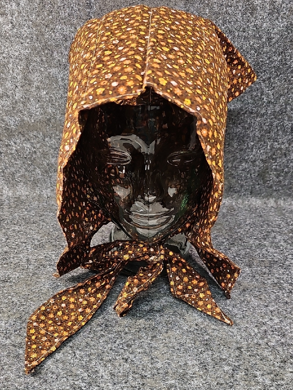 Prairie Sunbonnet Colonial Shaker Amish, Brown Yellow Floral Hat With Tie